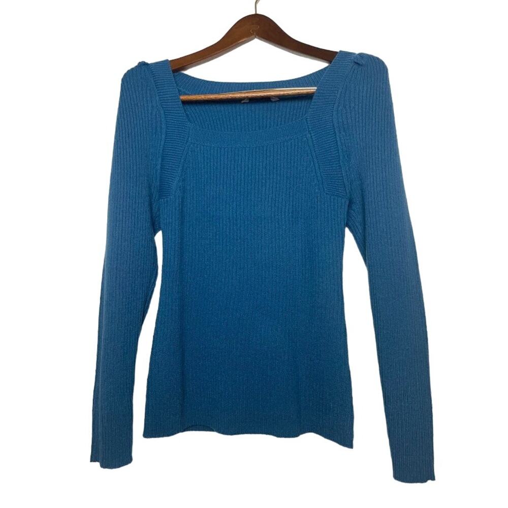 Blue Ribbed Sweater Womens Size Small Square Neckline Puff Long Sleeve Knit Top